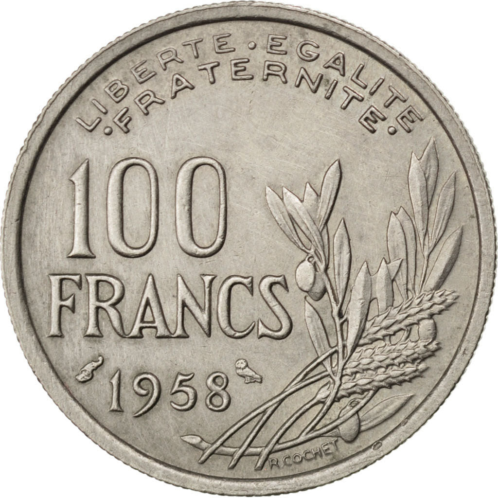 FRANCE, Cochet, 100 Francs, 1958, KM #919.1, VF(30-35), Copper-Nickel, 24, 5.97