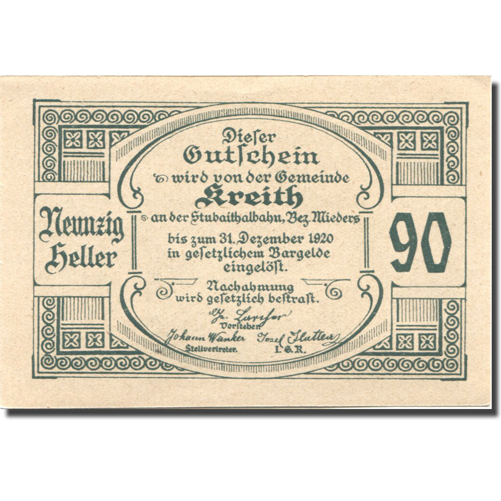 Banknote, Austria, Kreith, 90 Heller, Eglise 1920-12-31, UNC(63), Mehl:FS 471a