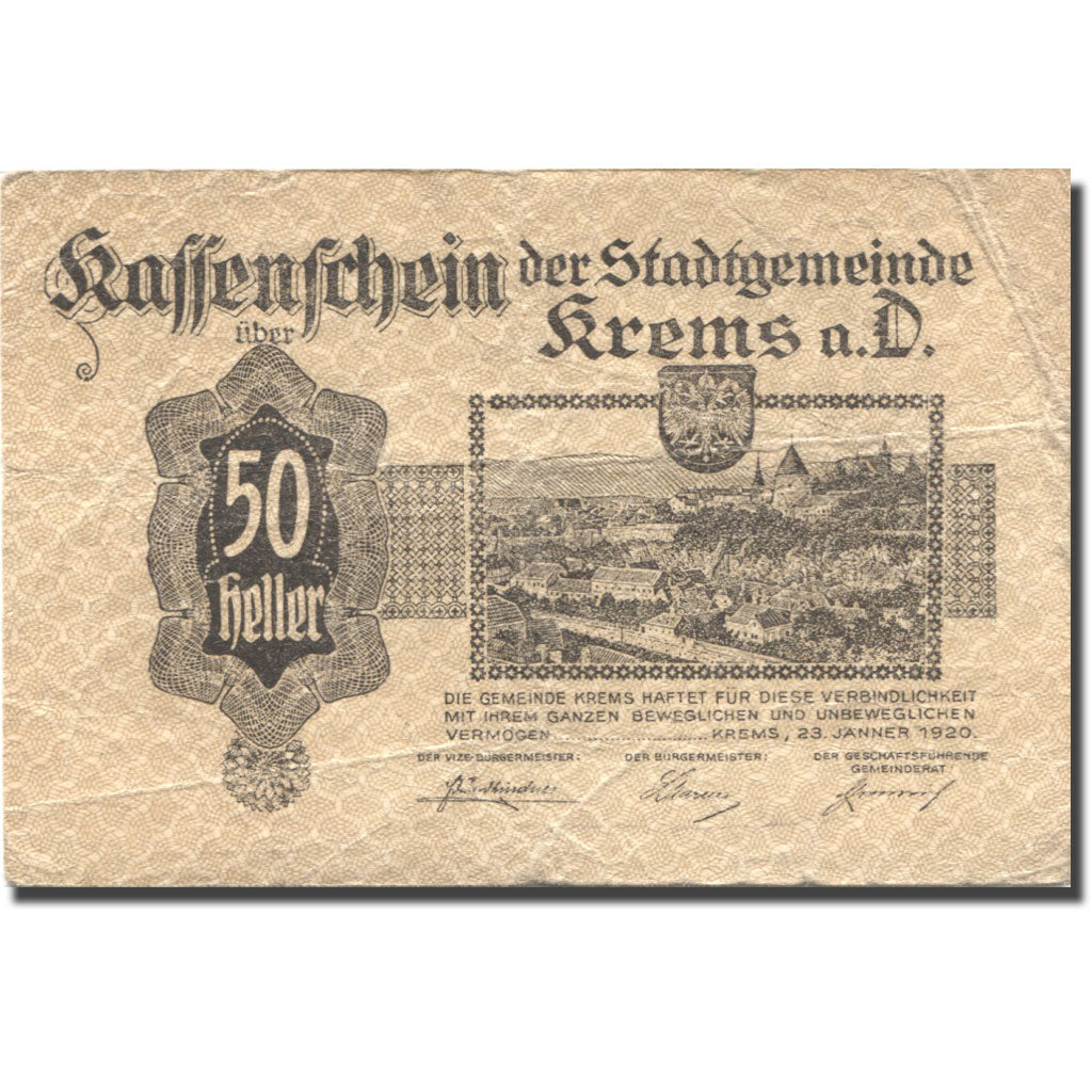 Banknote, Austria, Krems, 50 Heller, Blason, 1920 VF(20-25) Mehl:FS 472I