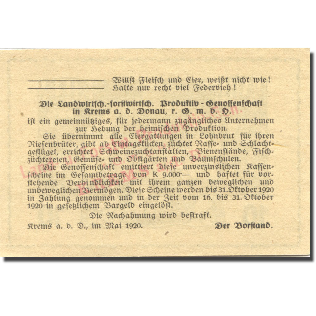 Banconote, Austria, Krems an der Donau, 10 Heller, ferme, 1920 SPL Mehl:FS 476