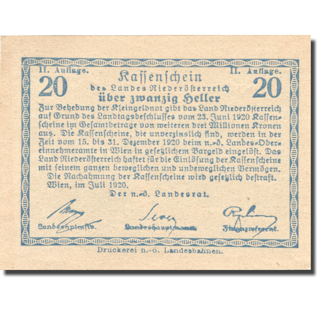Banknote, Austria, Niederösterreich, 20 Heller 1920, UNC(63) Mehl:FS 671IIa