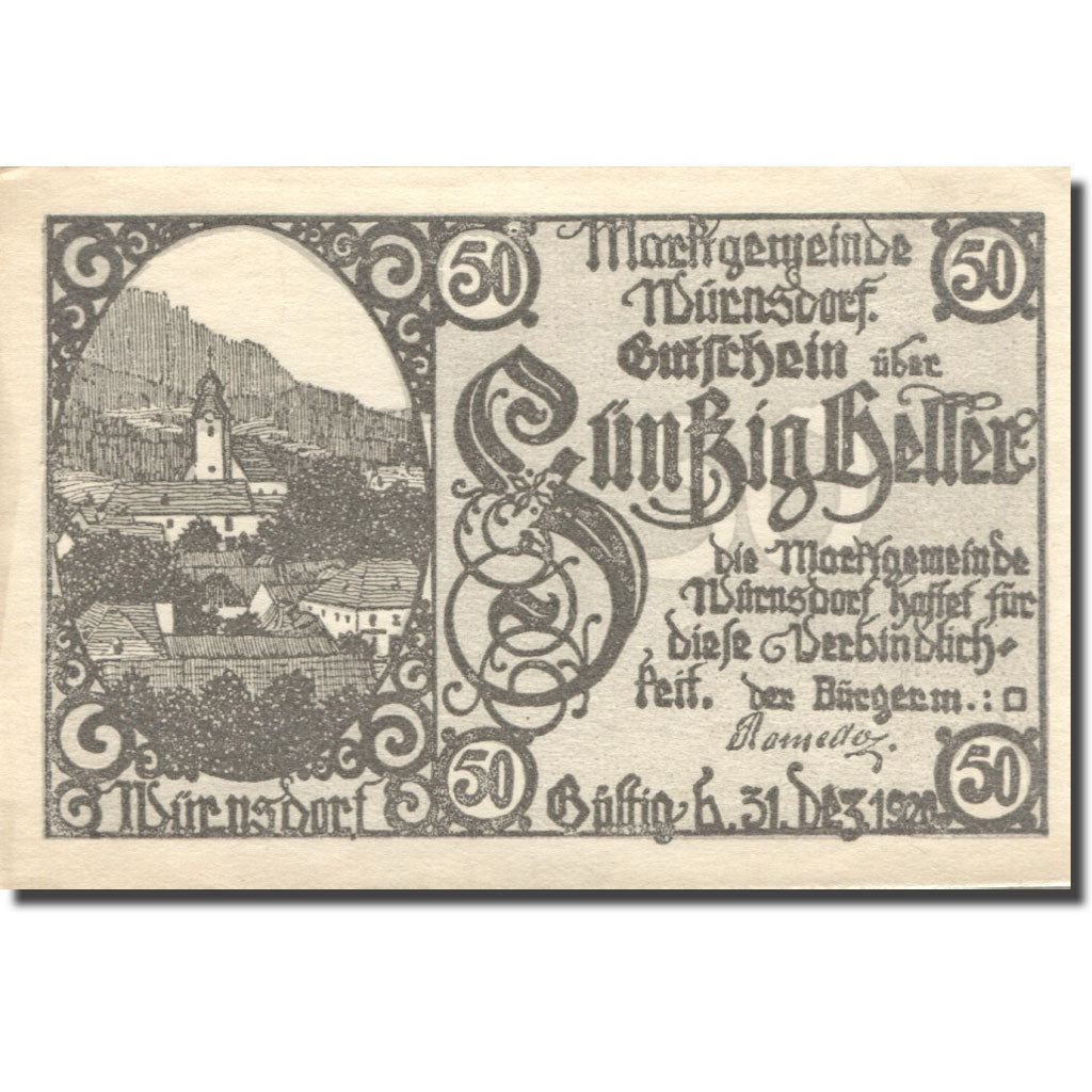 Billet, Autriche, Würnsdorf, 50 Heller, paysage 1920-12-31, SPL Mehl:FS 1257IIa