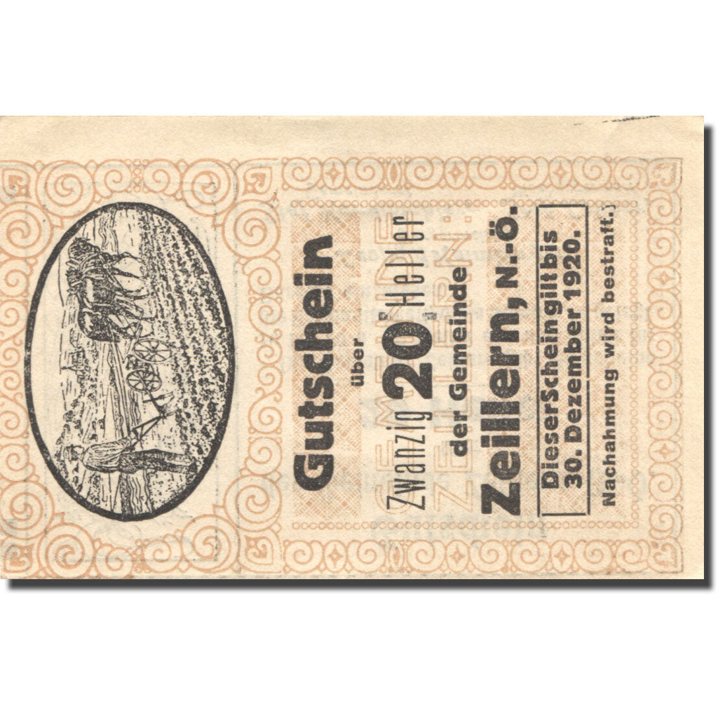 Banknote, Austria, Zeillern, 20 Heller, agriculteur, 1920 UNC(63) Mehl:FS 1263a