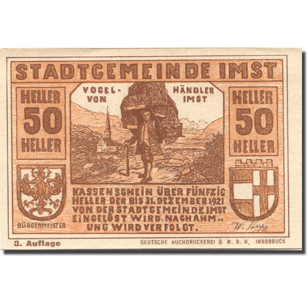 Banknote, Austria, Imst, 50 Heller, personnage, 1920 UNC(63) Mehl:FS 405c