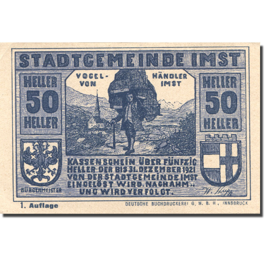 Banknote, Austria, Imst, 50 Heller, personnage 1, 1920 blue UNC(63) Mehl:FS 405a