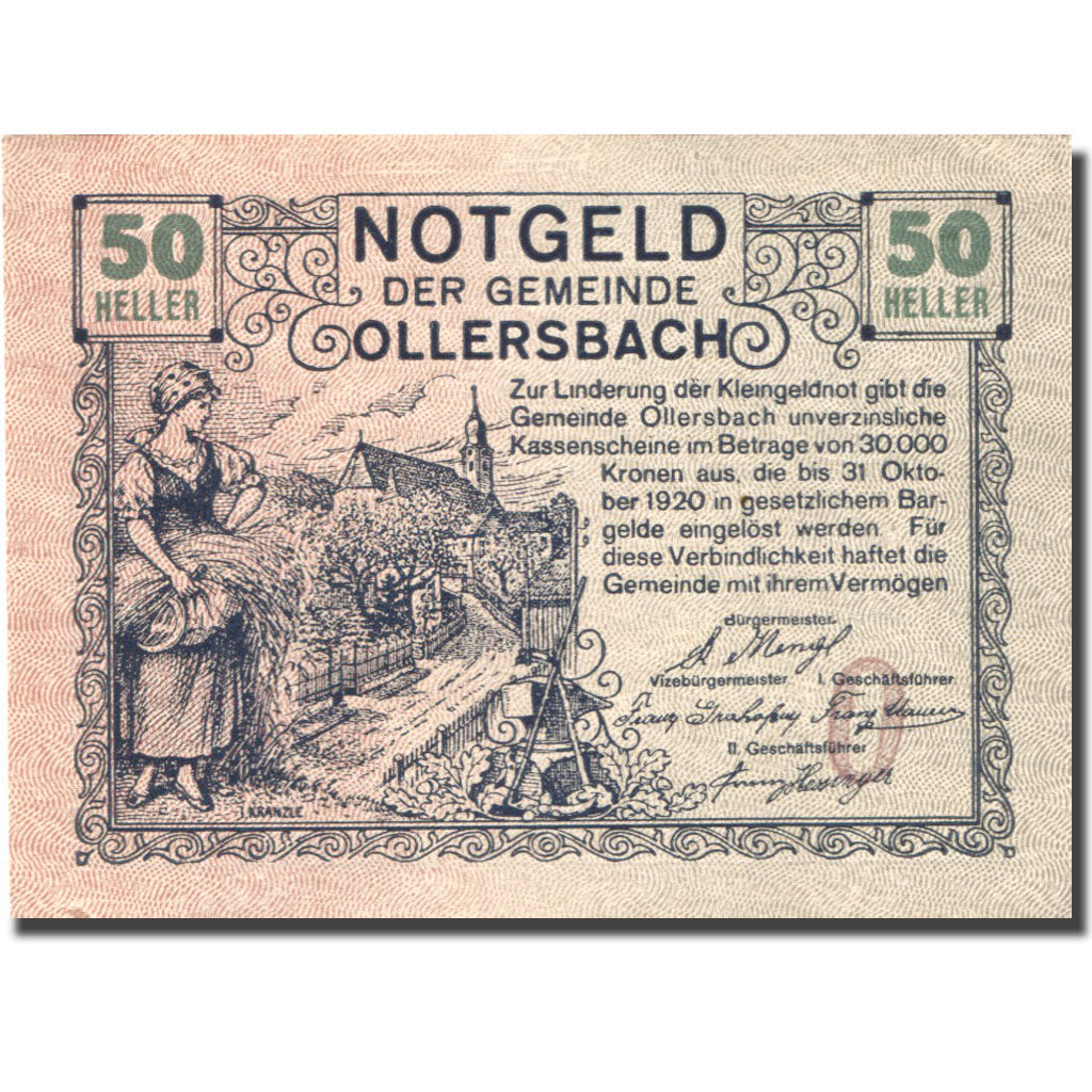 Banknote, Austria, Ollersbach, 50 Heller, village, 1920, UNC(63) Melh:FS 709a