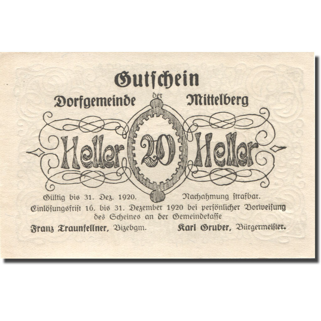 Banknote, Austria, Mittelberg, 20 Heller, ruine, 1920 UNC(63) Mehl:FS 1118