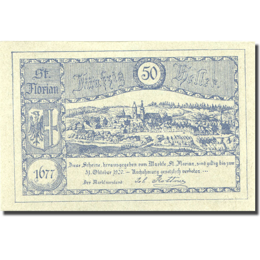 Banknote, Austria, St Florian, 50 Heller, village, 1920 UNC(63) Mehl:FS 879