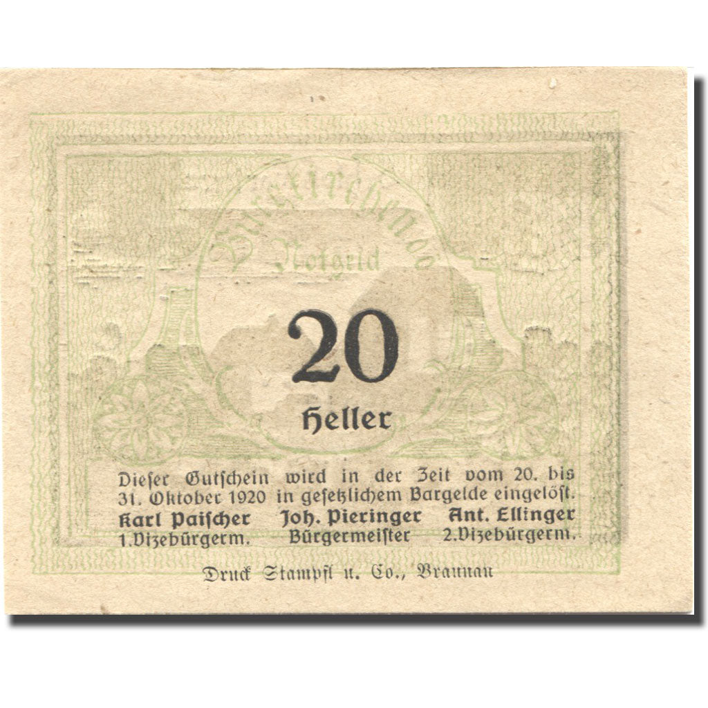 Banknote, Austria, Burgkirchen, 20 Heller, village, 1920 UNC(63) Mehl:FS 115b