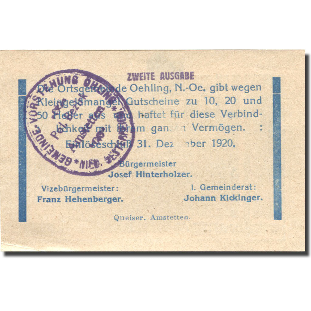 Banknote, Austria, Oehling, 20 Heller, Batiment, 1920 AU(55-58) Mehl:FS 707A
