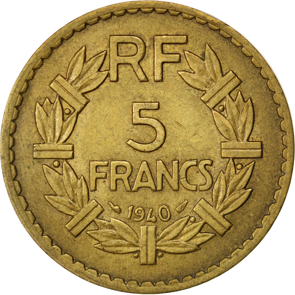FRANCE, Lavrillier, 5 Francs, 1940, KM #888a.1, EF(40-45), Aluminum-Bronze, 31,.