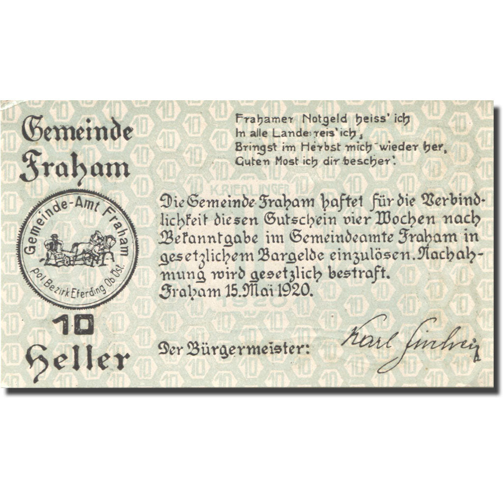 Banknote, Austria, Fraham, 10 Heller, ferme, 1920 AU(55-58) Mehl:FS 205a