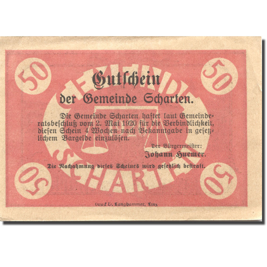 Banknote, Austria, Scharten, 50 Heller, Eglise 1920-05-02 AU(55-58) Mehl:FS 955a