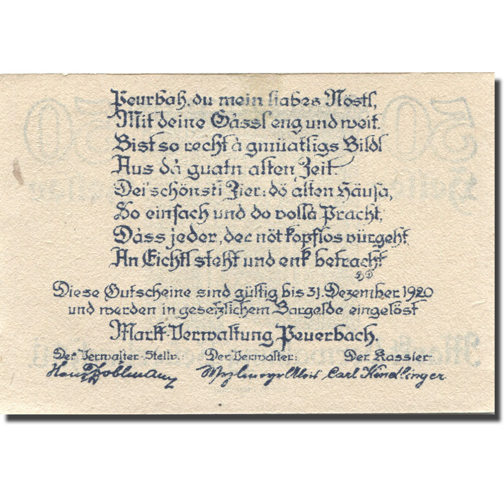 Banknote, Austria, Peuerbach, 50 Heller, Monument, 1920 UNC(63) Mehl:FS 742I
