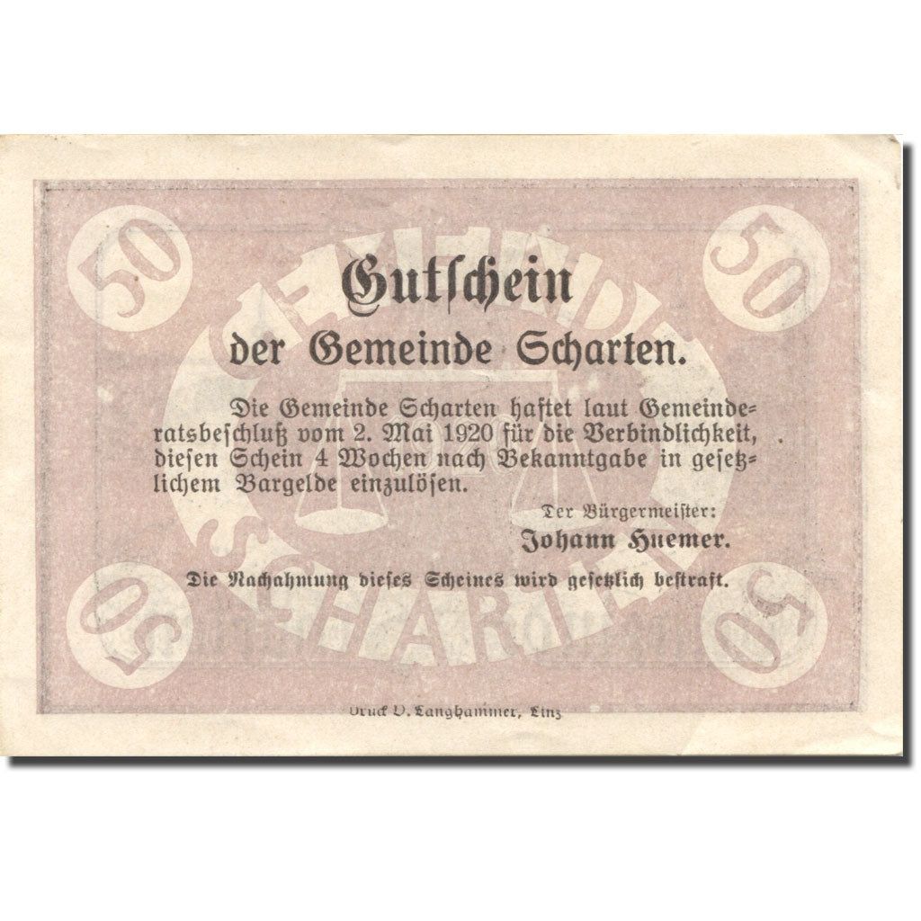 Banknote, Austria, Scharten, 50 Heller, Eglise, 1920 UNC(60-62) Mehl:FS 955a
