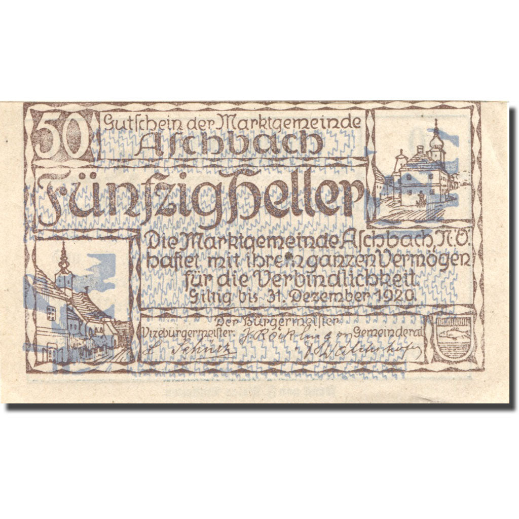 Banknote, Austria, Aschbach, 50 Heller, Eglise, 1920 UNC(60-62) Mehl:FS 55b