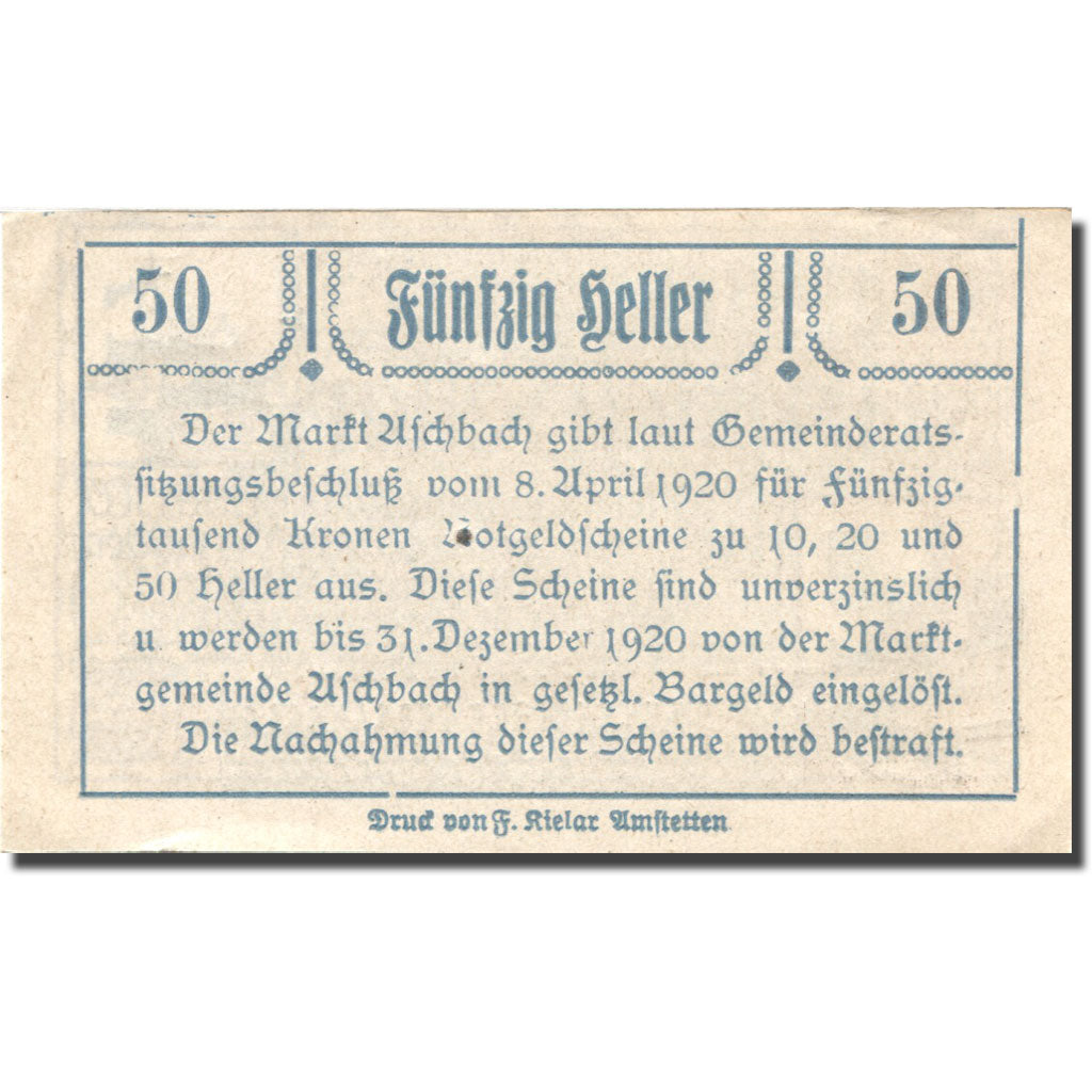 Banknote, Austria, Aschbach, 50 Heller, Eglise, 1920 UNC(60-62) Mehl:FS 55b