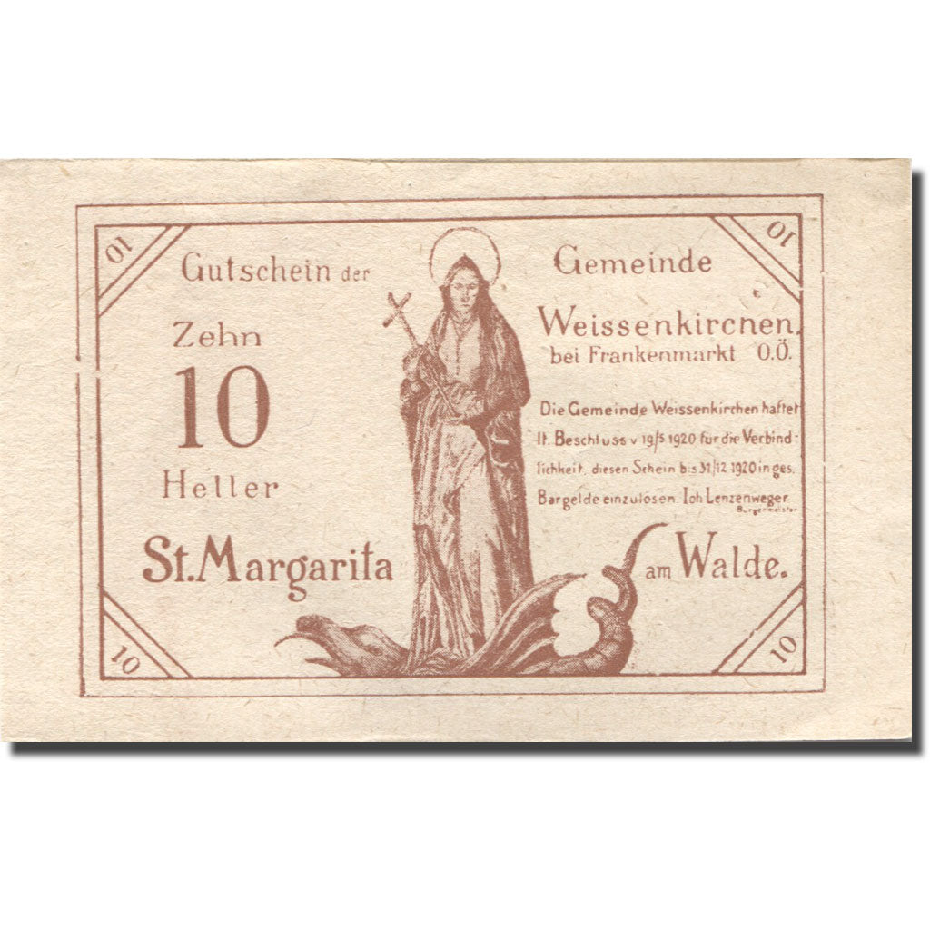 Banknote, Austria, Weissenkirchen, 10 Heller personnage 1920 UNC(63) MehlFS1157I