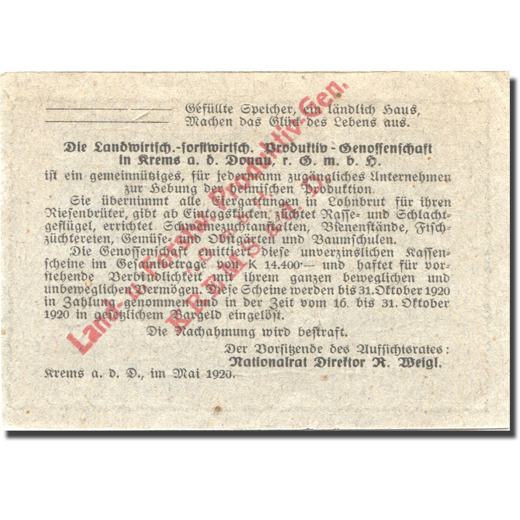 Banknote, Austria, Krems a/d Donau, 50 Heller Animaux 1920 UNC(63) Mehl:FS 1015