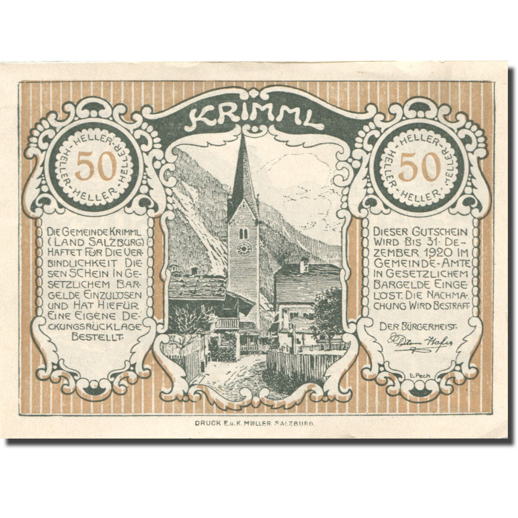 Biljet, Oostenrijk, Krimml, 50 Heller, Eglise 1, 1920 SPL gold Mehl:FS 483c