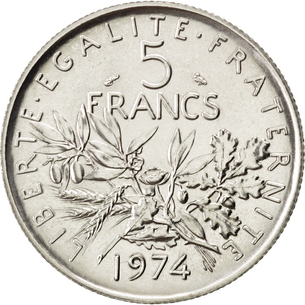 FRANCE, Semeuse, 5 Francs, 1974, Paris, KM #926a.1, MS(65-70), Nickel Clad...