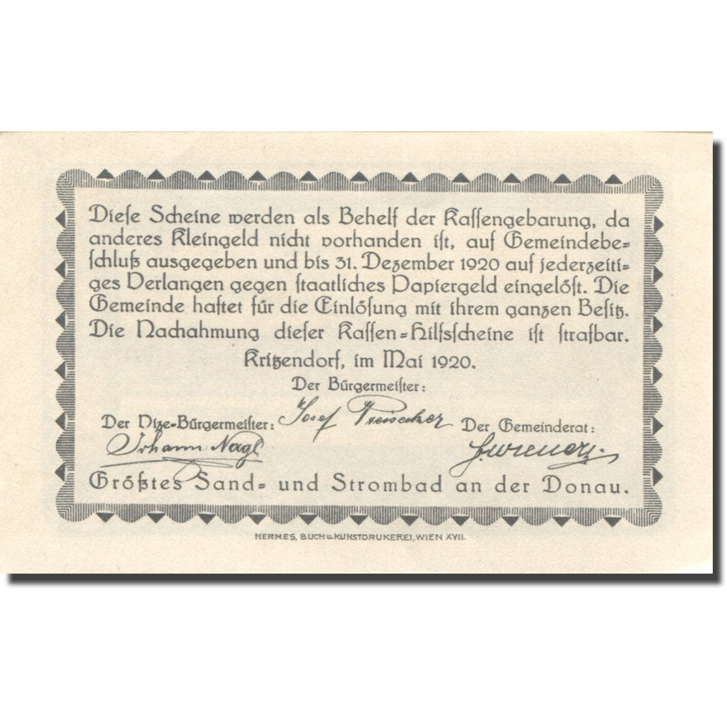 Banknote, Austria, Kritzendorf, 50 Heller, train, 1920 UNC(63) Mehl:FS 484a
