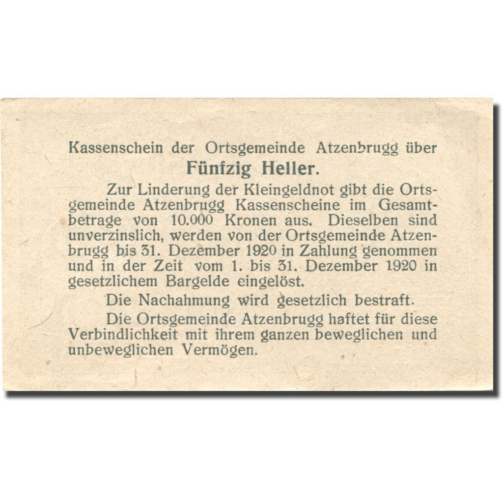 Billet, Autriche, Atzenbrugg, 50 Heller, personnage, 1920 SPL Mehl:FS 63Ia
