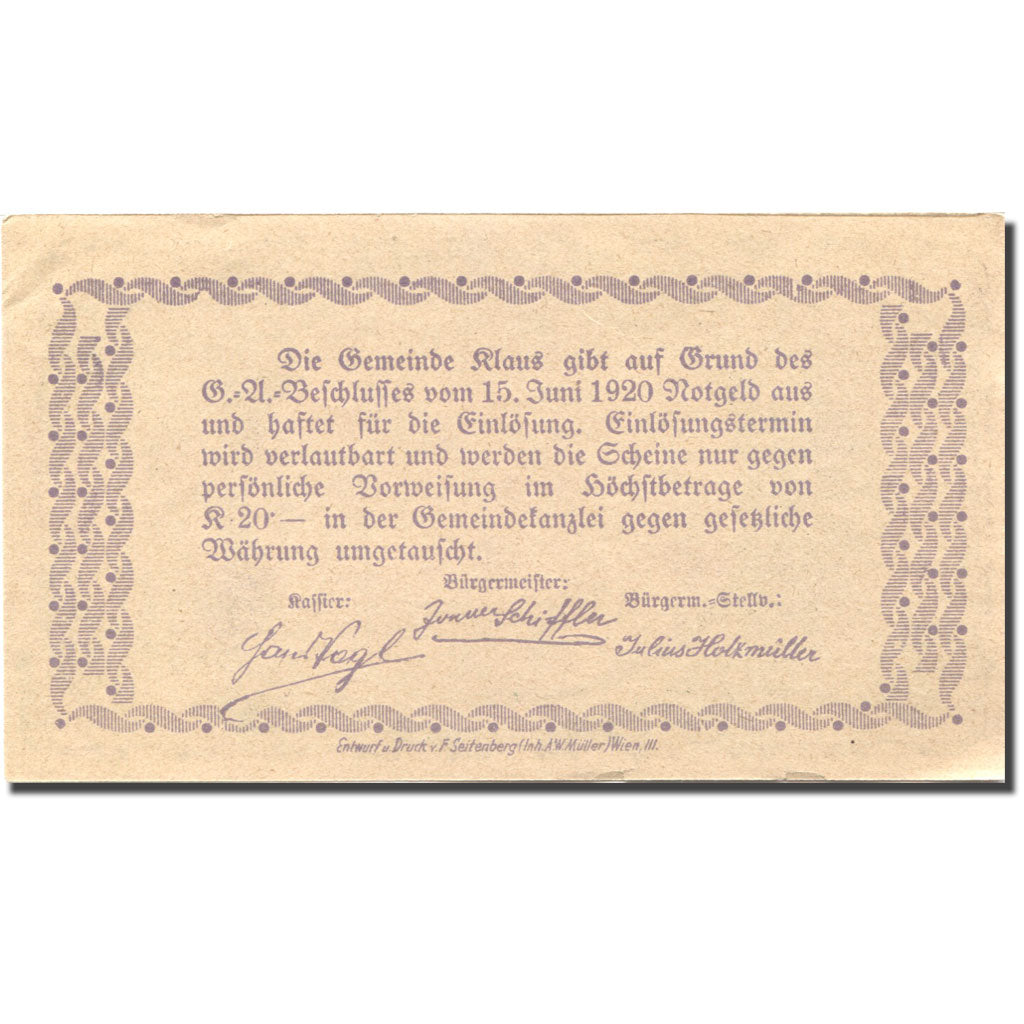 Banknote, Austria, Klaus, 30 Heller, gare, 1920, UNC(63), Mehl:FS 454IIIb