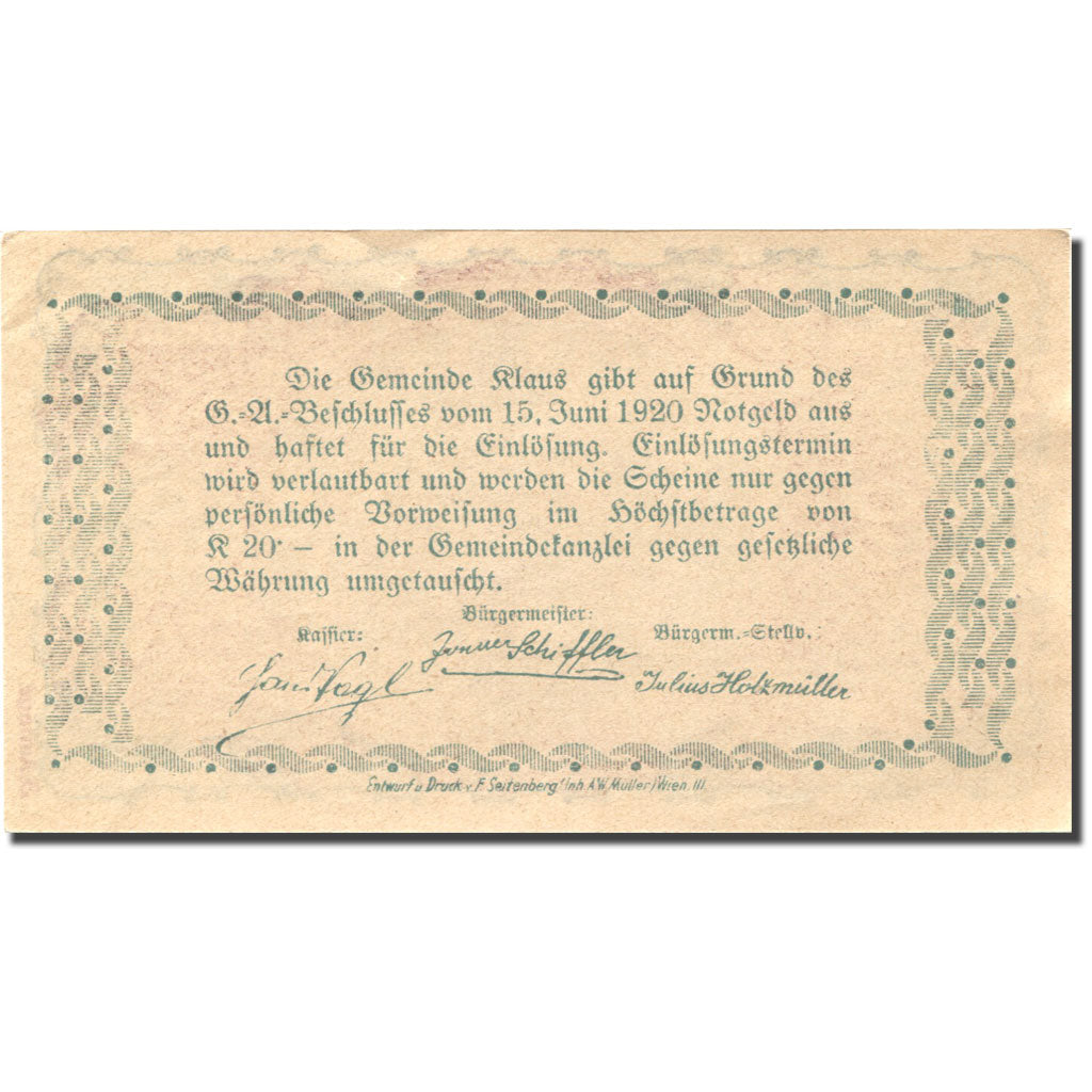 Billet, Autriche, Klaus, 60 Heller, village1920-06-15, SPL, Mehl:FS 454IIIb