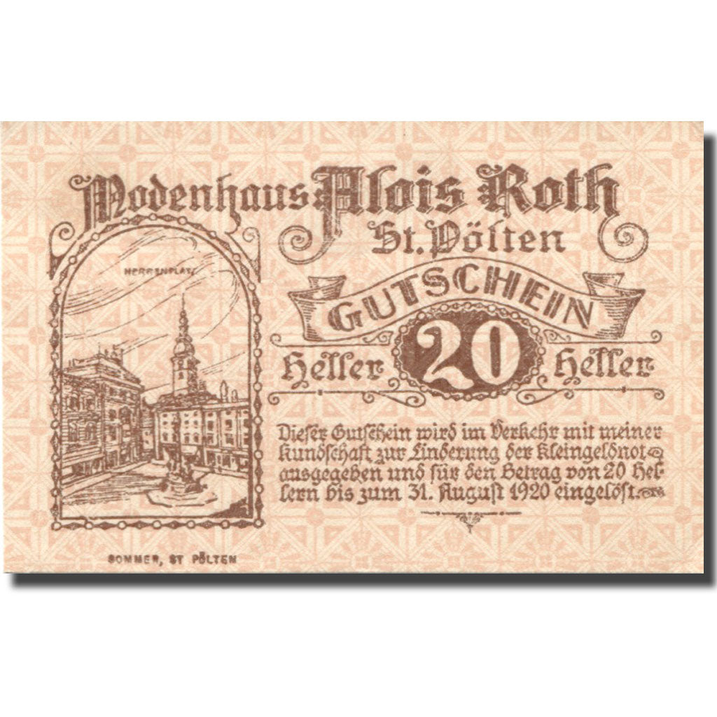 Banknote, Austria, St Pölten, 20 Heller, village, 1920, UNC(63) Mehl:FS 933I