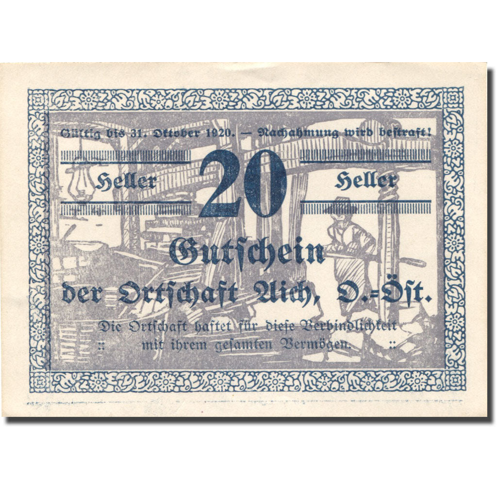 Banknote, Austria, Aich, 20 Heller, Usine 1920-12-31, UNC(63), Mehl:FS 10a