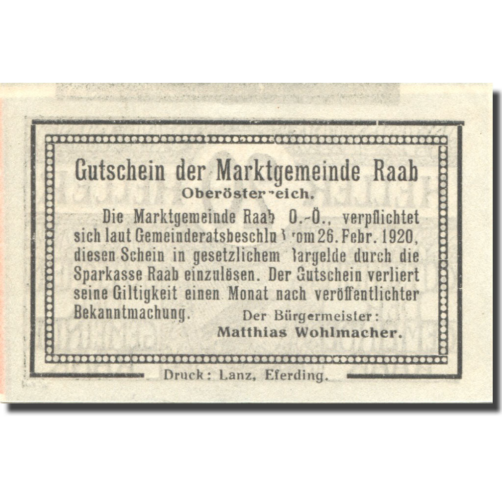 Biljet, Oostenrijk, Raab, 20 Heller, Blason, SPL, Mehl:FS 805I2