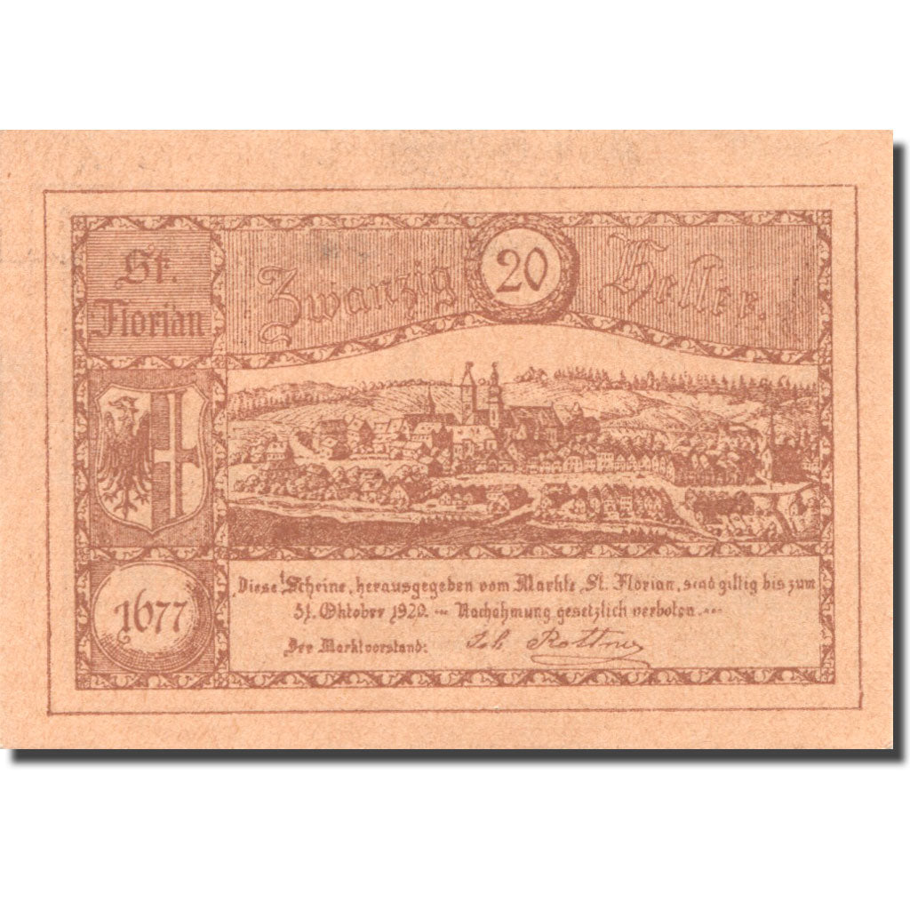 Banknote, Austria, St Florian, 20 Heller, village, 1920 UNC(63) Mehl:FS 879Ib