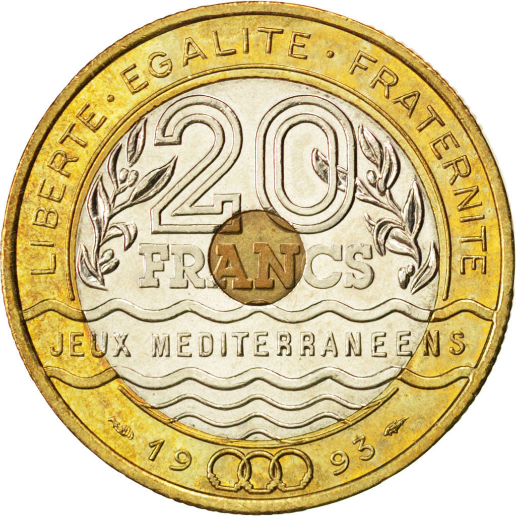 FRANCE, Jeux Méditerranéens, 20 Francs, 1993, KM #1016, MS(63), Tri-Metallic, 27