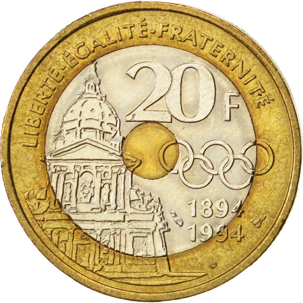 FRANCE, Pierre de Coubertin, 20 Francs, 1994, KM #1036, MS(60-62),...