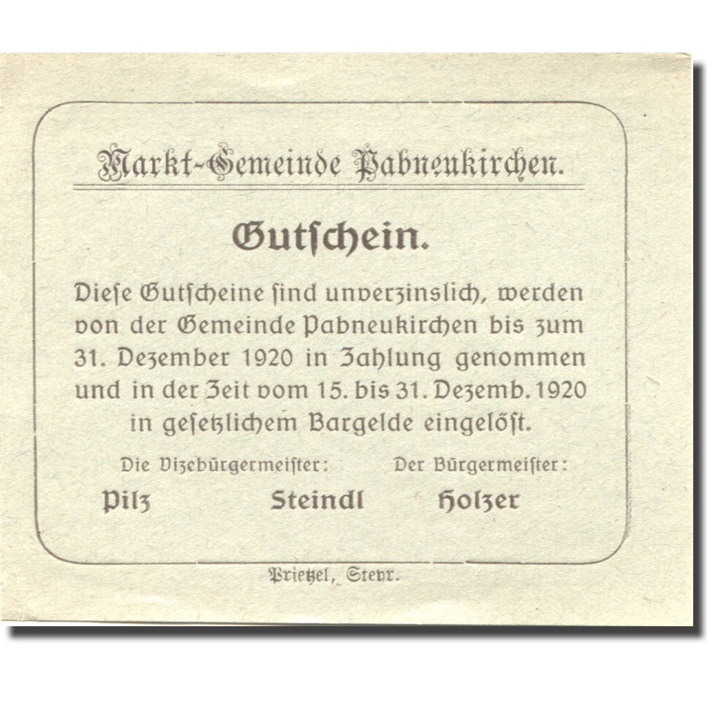 Banknote, Austria, Pabneukirchen, 20 Heller, Eglise, 1920 UNC(63) Mehl:FS 719d