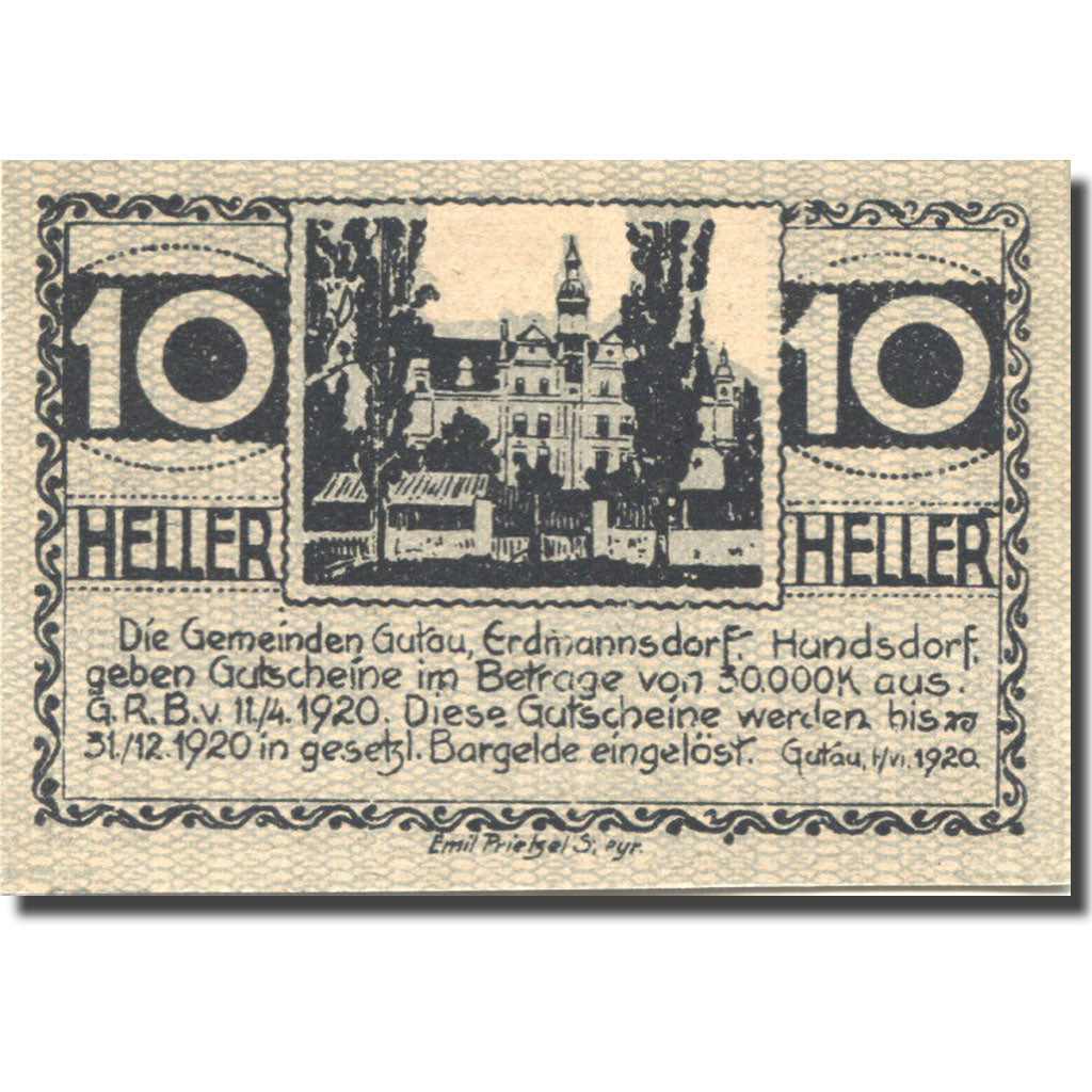 Banknote, Austria, Gutau, 10 Heller, château, 1920, UNC(63), Mehl:FS 212a