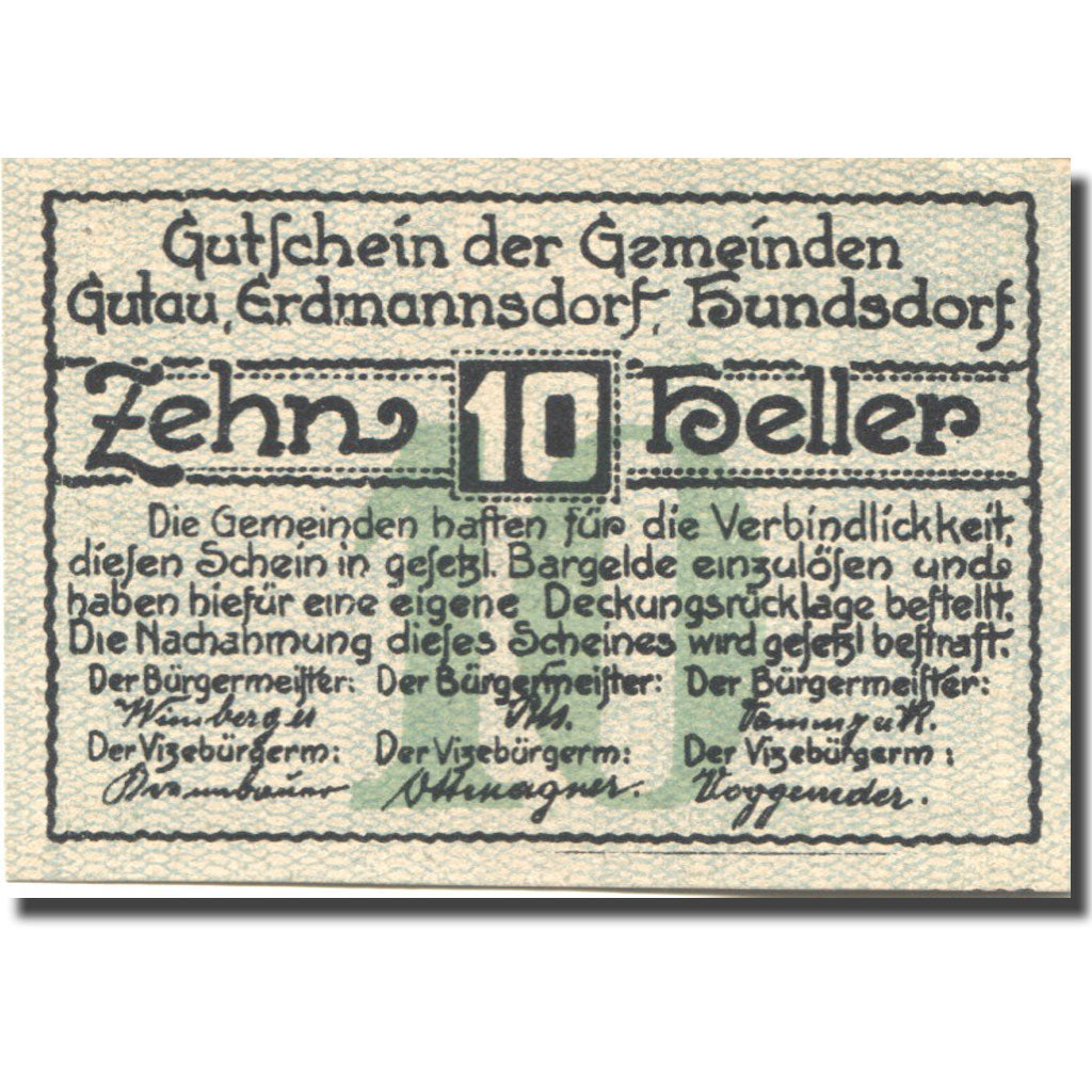Banknote, Austria, Gutau, 10 Heller, château, 1920, UNC(63), Mehl:FS 212a