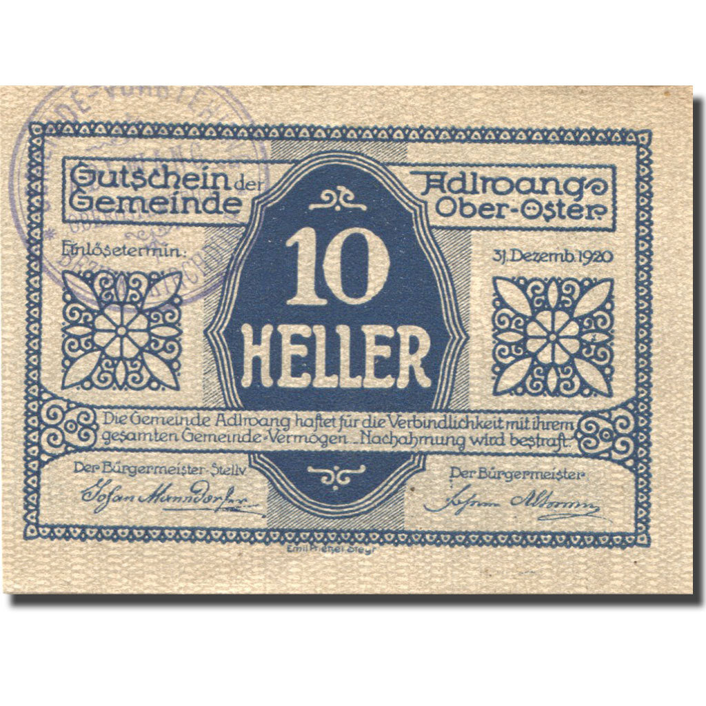 Banknote, Austria, Adlwang, 10 Heller, village, 1920-12-31 UNC(63) Mehl:FS 5a