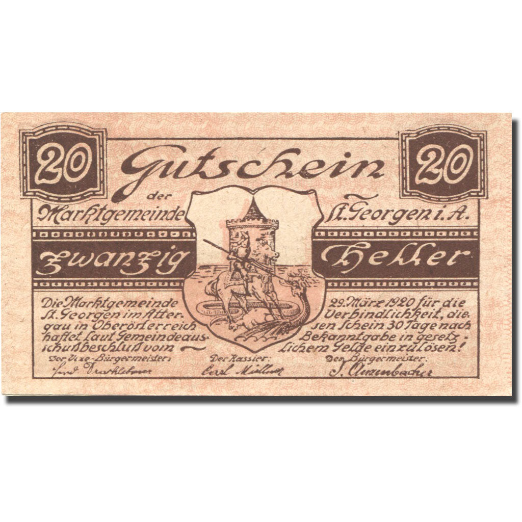 Banknote, Austria, St Georgen, 20 Heller, Blason, UNC(63), Mehl:FS 888Ia