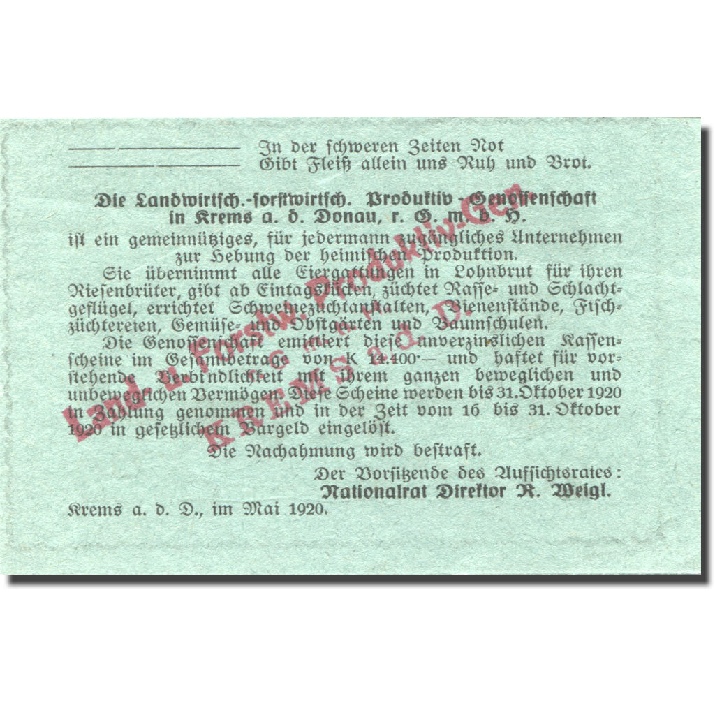 Banconote, Austria, Krems an der Donau, 20 Heller Animaux, 1920 SPL- Mehl:FS 476