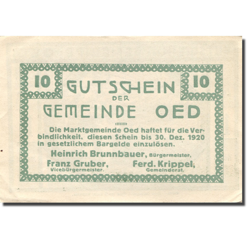 Geldschein, Österreich, Oed, 10 Heller, agriculteur, 1920 VZ Mehl:FS 703a