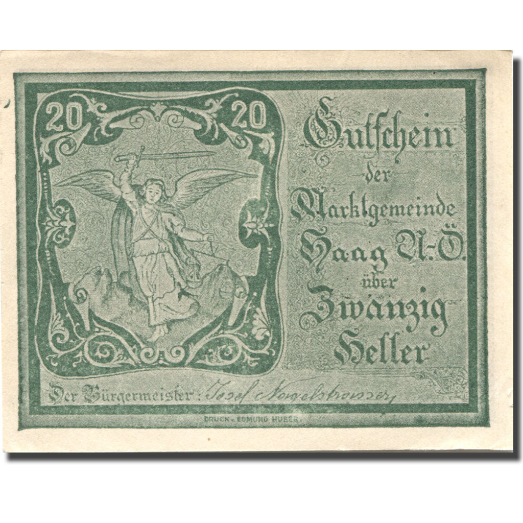 Banknote, Austria, Haag, 20 Heller, personnage, 1920 UNC(63) Mehl:FS 318Vb