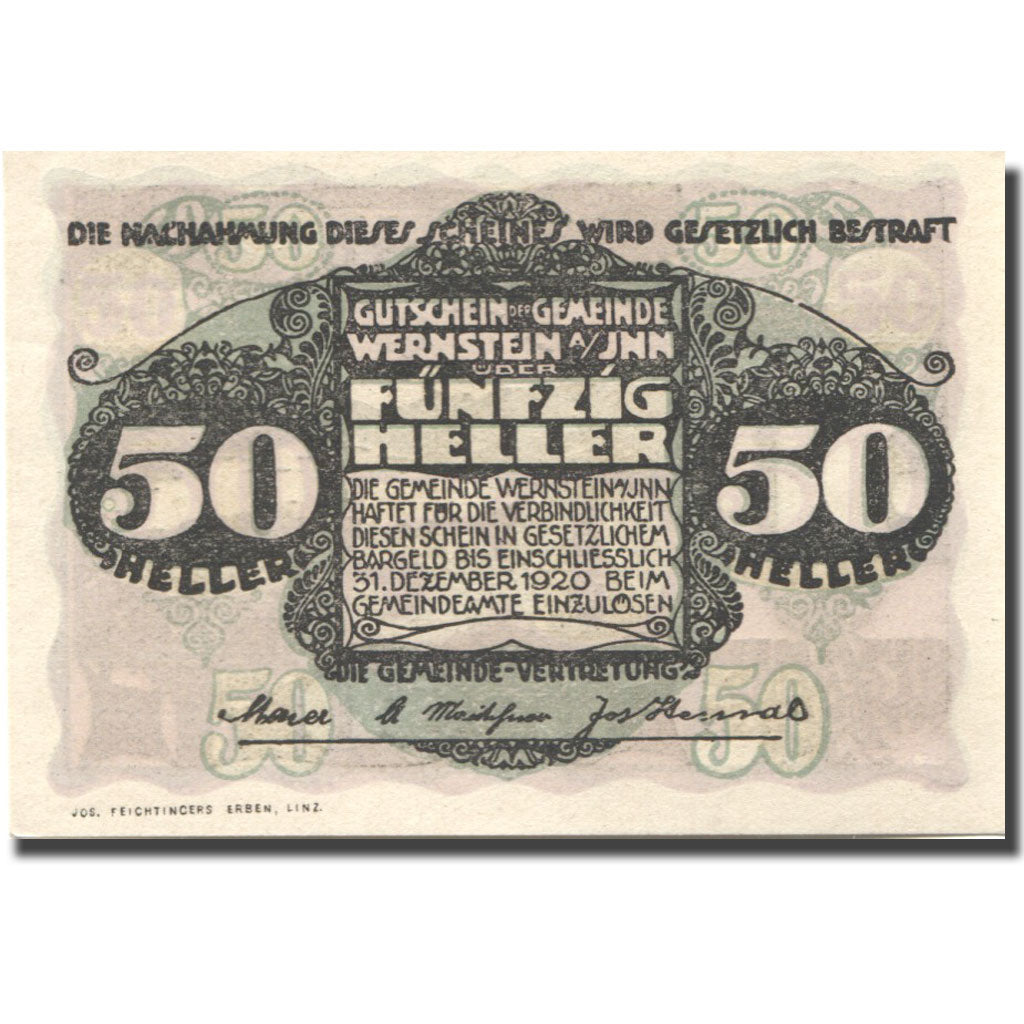 Banknote, Austria, Wernstein, 50 Heller, fleuve, 1920 UNC(63) Mehl:FS 1174a