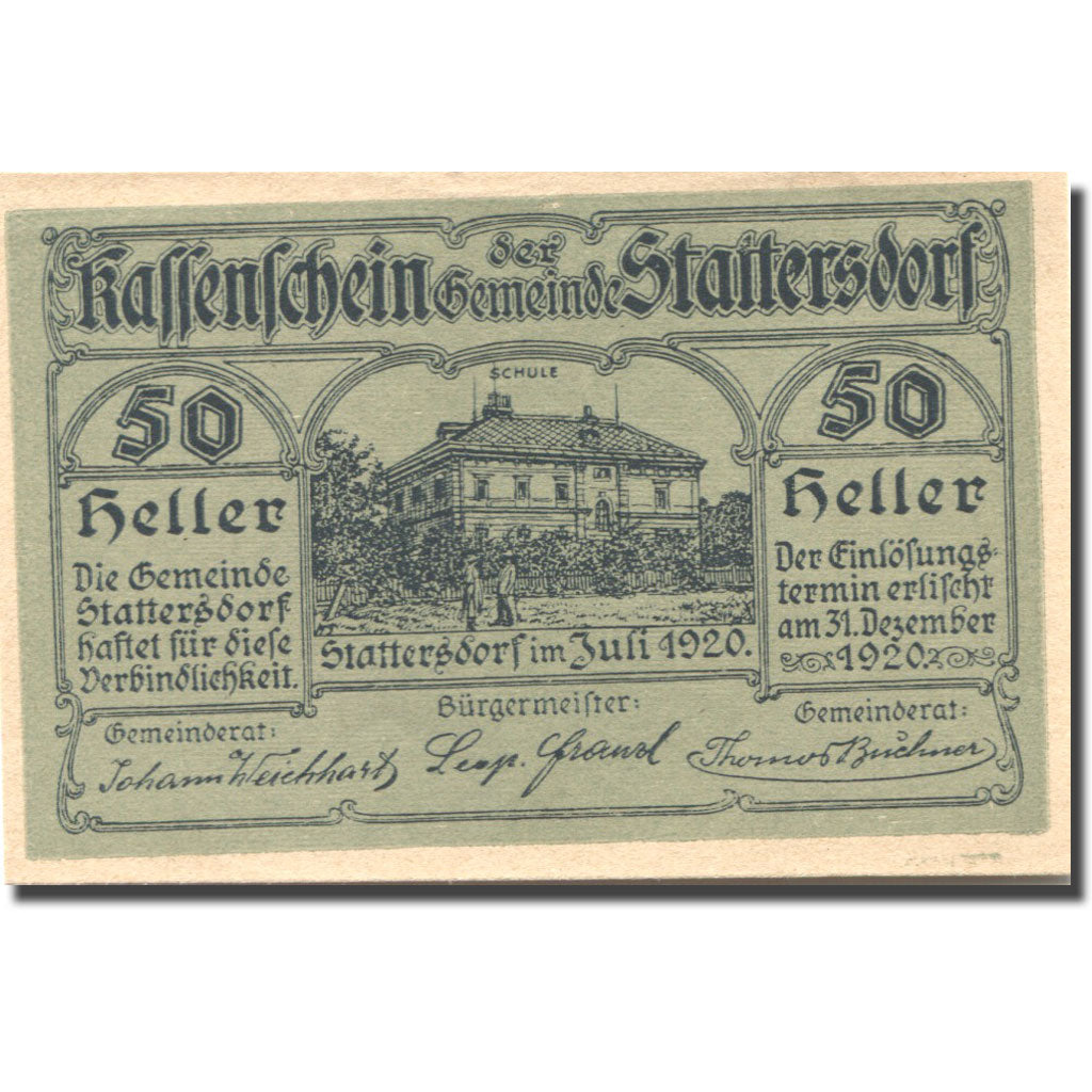 Banknote, Austria, Stattersdorf, 50 Heller, école, 1920 UNC(63) Mehl:FS 1112