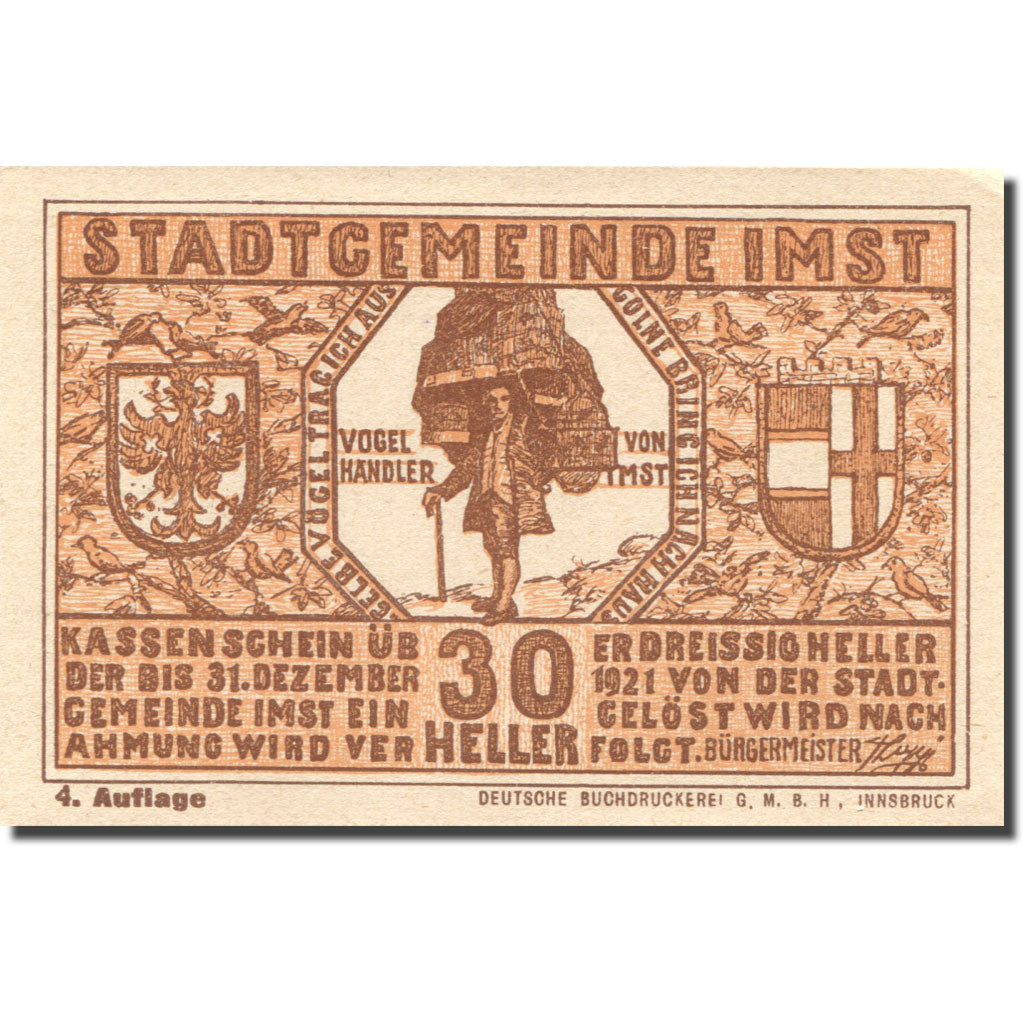 Banknote, Austria, Imst, 30 Heller, personnage, 1920 UNC(63) orange Mehl:FS 405b