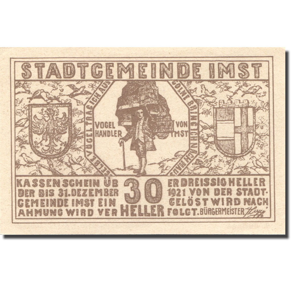 Banknote, Austria, Imst, 30 Heller, personnage, 1920 UNC(63) orange Mehl:FS 405b