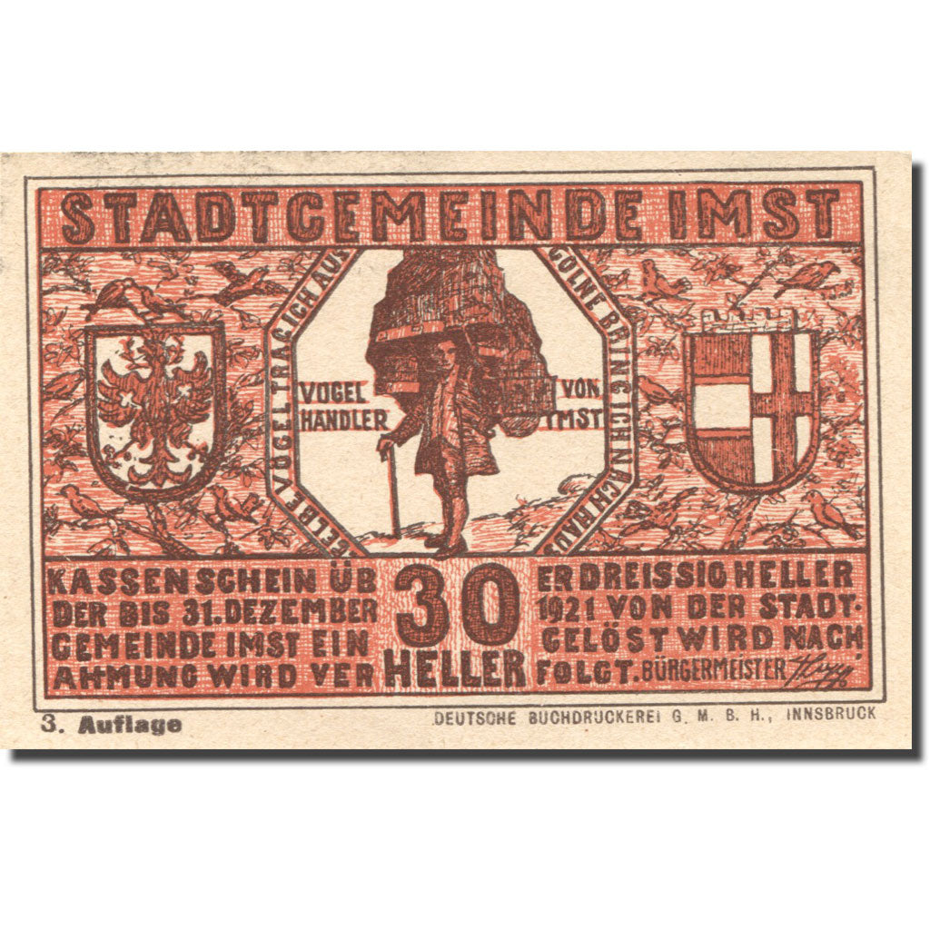 Banknote, Austria, Imst, 30 Heller, Blason 1920-12-31, UNC(63) red Mehl:FS 405b