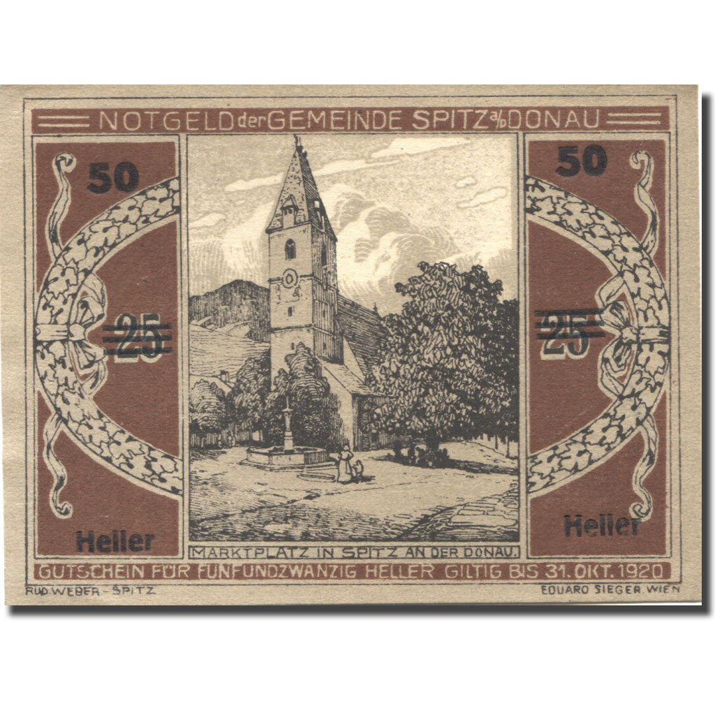 Banknote Austria Spitz a/d Donau 50 Heller Eglise 1920 UNC(60-62) Mehl:FS 1122.1