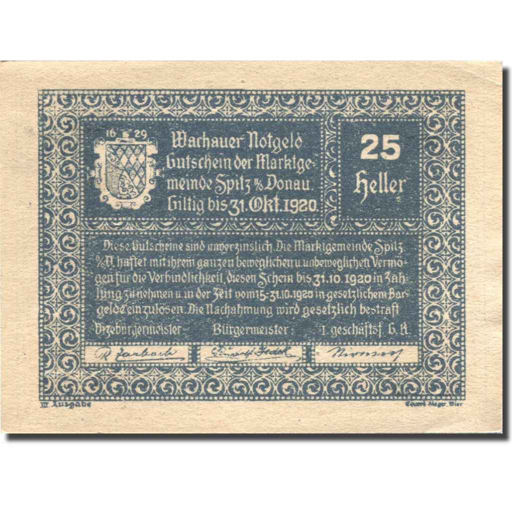 Banknote Austria Spitz a/d Donau 50 Heller Eglise 1920 UNC(60-62) Mehl:FS 1122.1